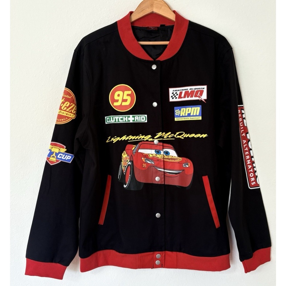 NWOT Disney Pixar Cars Lightning Mcqueen Racing Black Red Bomber‎ Jacket Mens XS
